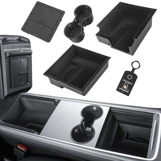 5PCS Model Y Front + Rear Flocked Center Console Organizer Tray Armrest Hidden Storage Box Cup Holder Silicone Key Card Holder for 2021-2025 New Tesla Model Y Accessories