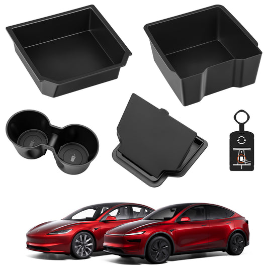 5PCS Front and Rear Center Console Organizer Tray Cup Holder Armrest Hidden Storage Box for 2024-2025 Tesla Model 3 Highland and 2025-2026 Tesla New Model Y Juniper Accessories