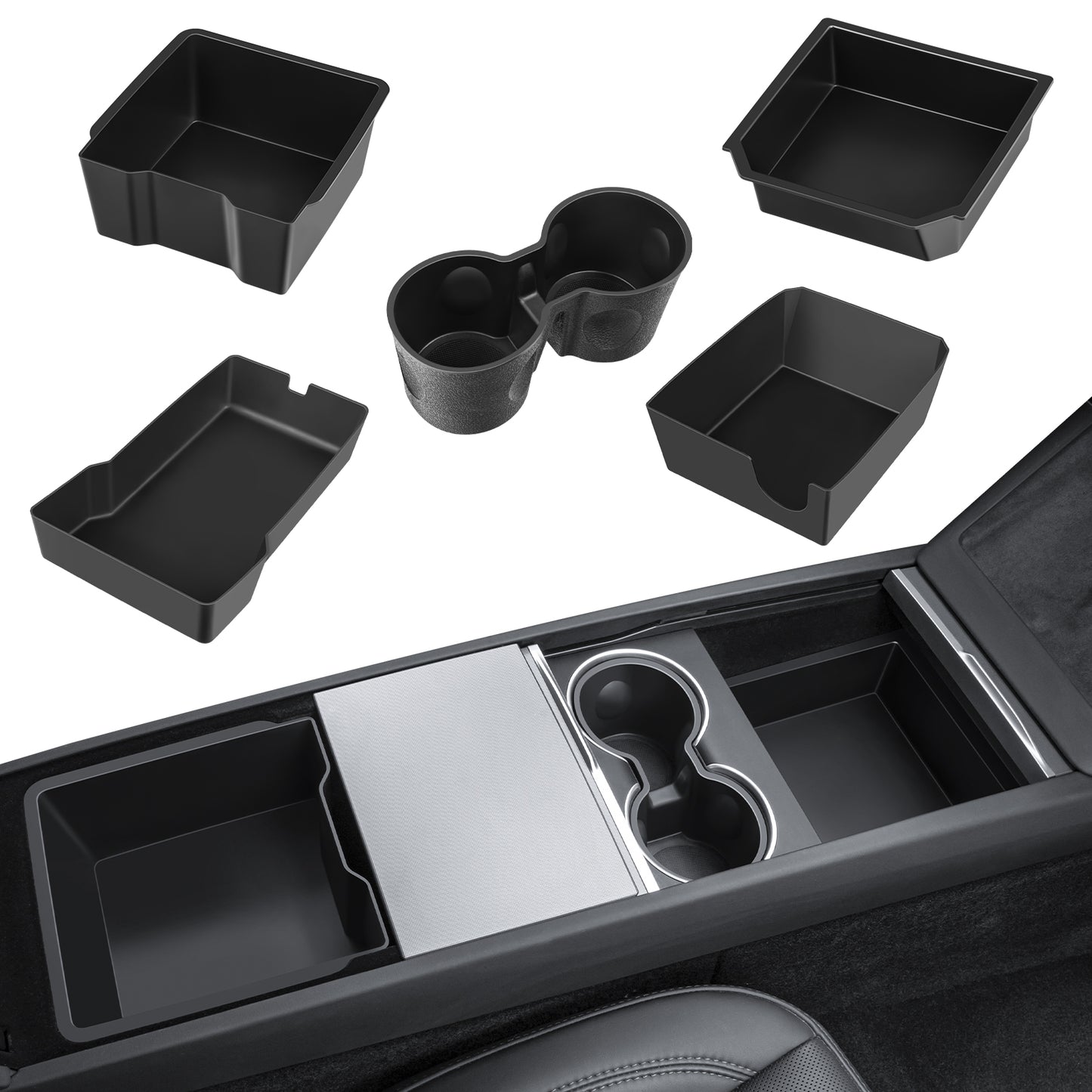5PCS 2025 Model 3 Refresh Front + Rear Center Console Organizer Tray Cup Holder for 2024-2025 New Tesla Model 3 Highland Accessories