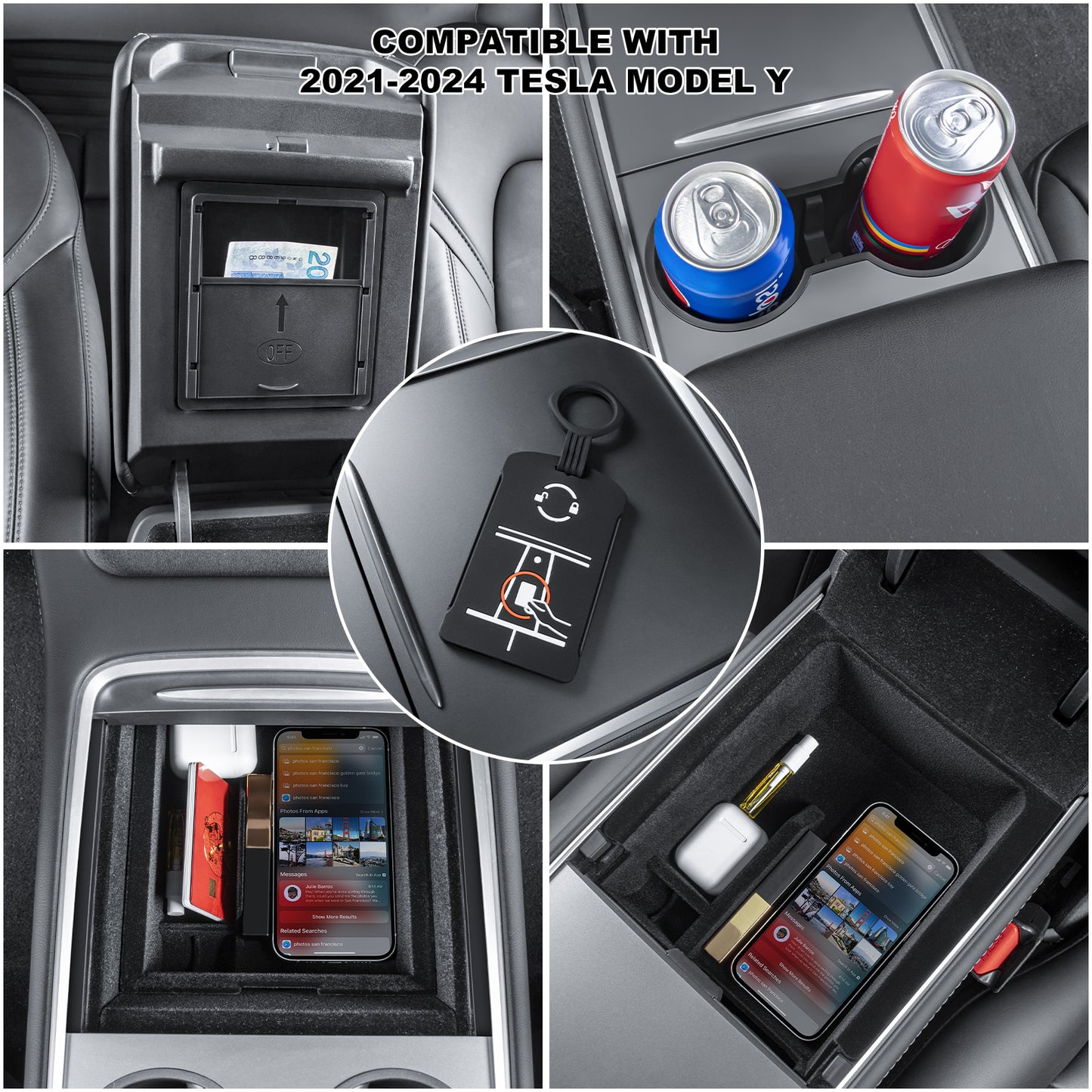 5PCS Model Y Front + Rear Flocked Center Console Organizer Tray Armrest Hidden Storage Box Cup Holder Silicone Key Card Holder for 2021-2025 New Tesla Model Y Accessories