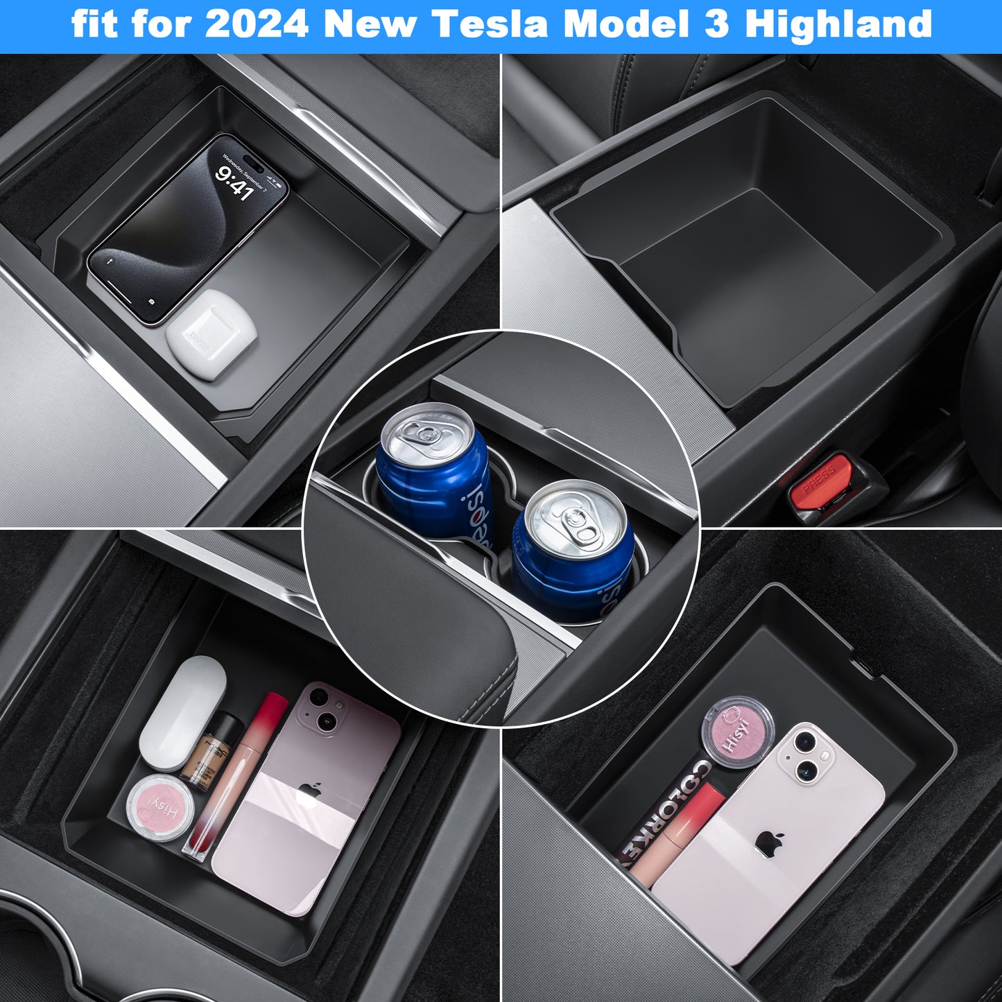 5PCS 2025 Model 3 Refresh Front + Rear Center Console Organizer Tray Cup Holder for 2024-2025 New Tesla Model 3 Highland Accessories