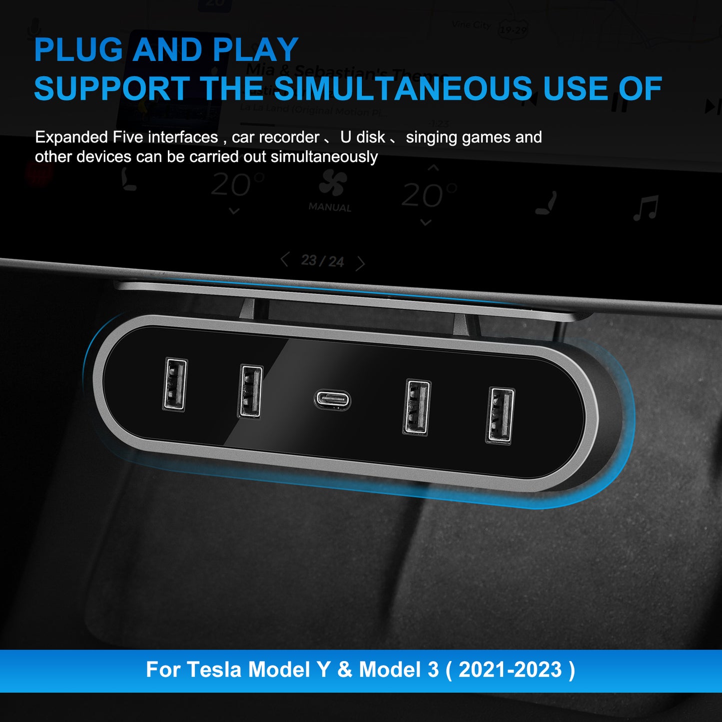 Glove Box 5 in 1 USB Hub for 2021-2025 Tesla Model Y and 2017-2023 Model 3 Accessories