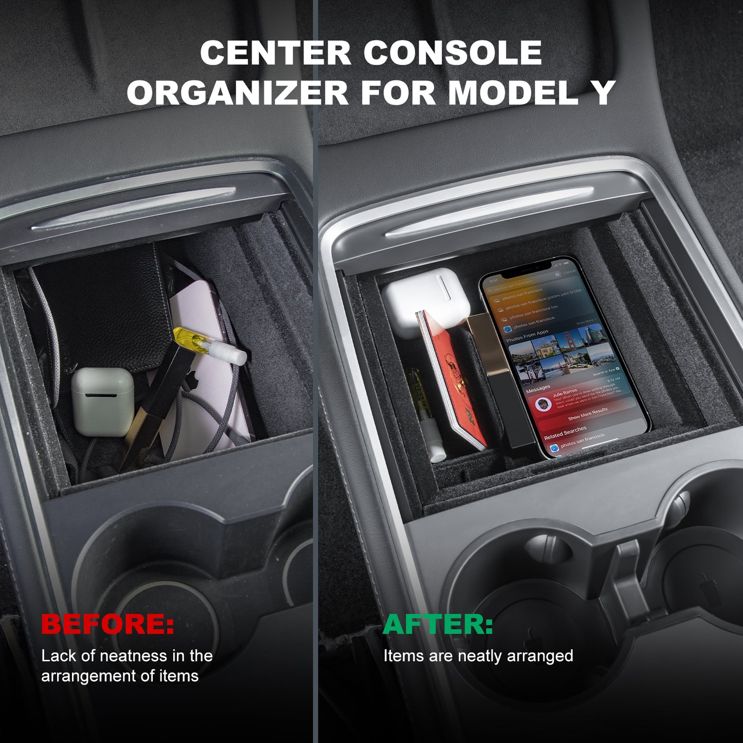 5PCS Model Y Front + Rear Flocked Center Console Organizer Tray Armrest Hidden Storage Box Cup Holder Silicone Key Card Holder for 2021-2025 New Tesla Model Y Accessories