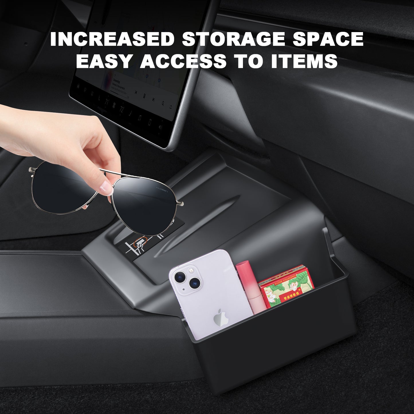 2 in 1 Center console wireless charger pad mat with side pockets for 2024-2025 Tesla Model 3 Highland and 2025 New Model Y Juniper Accessories