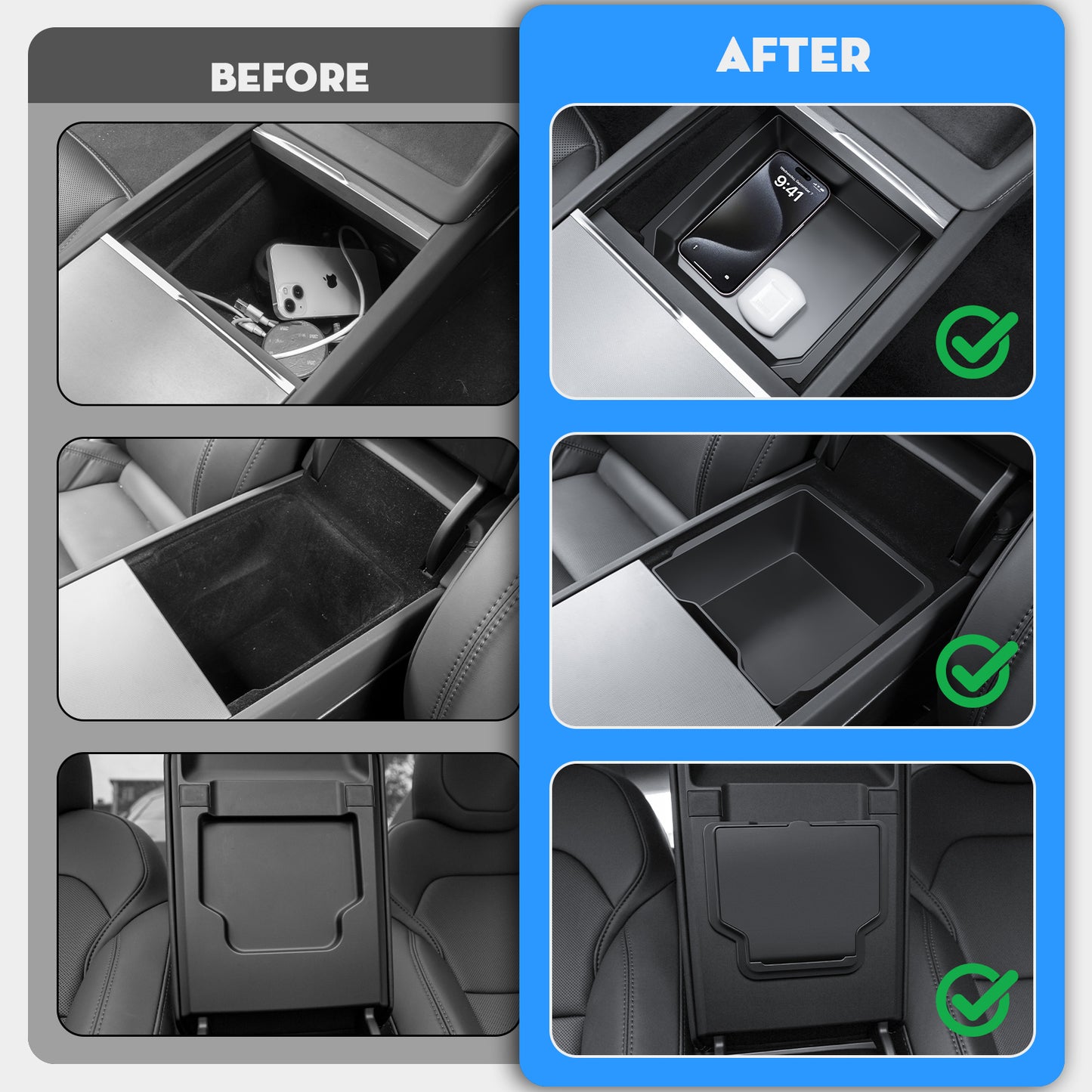 5PCS Front and Rear Center Console Organizer Tray Cup Holder Armrest Hidden Storage Box for 2024-2025 Tesla Model 3 Highland and 2025 Tesla New Model Y Juniper (Launch Series) Accessories