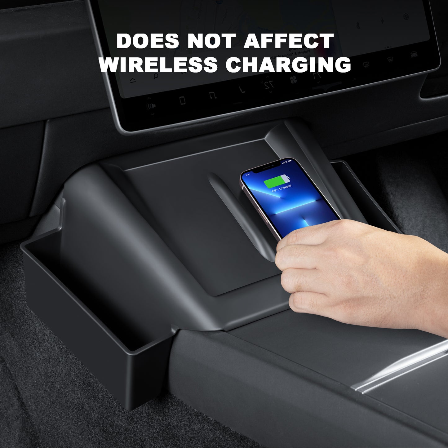 2 in 1 Center console wireless charger pad mat with side pockets for 2024-2025 Tesla Model 3 Highland and 2025 New Model Y Juniper Accessories