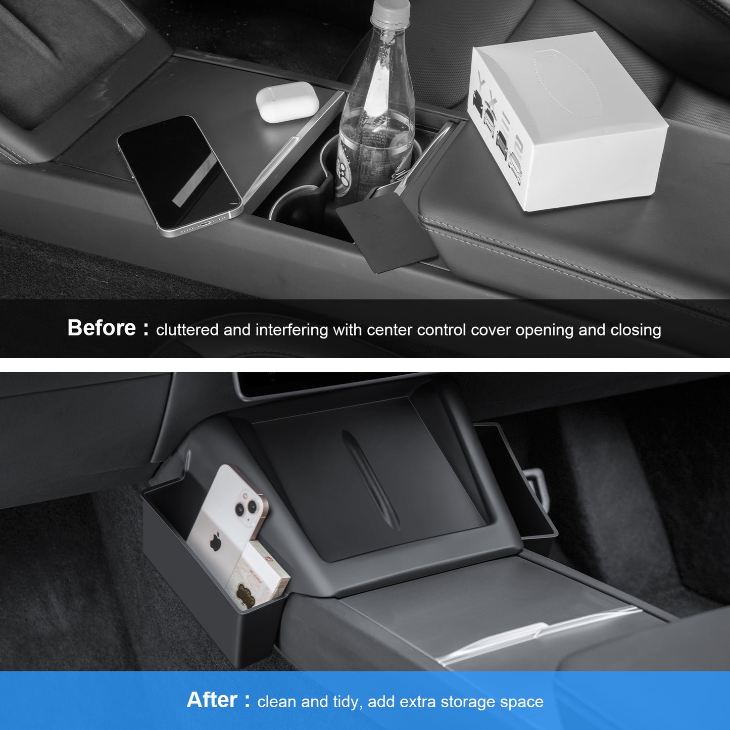 2 in 1 Center console wireless charger pad mat with side pockets for 2024-2025 Tesla Model 3 Highland and 2025 New Model Y Juniper Accessories
