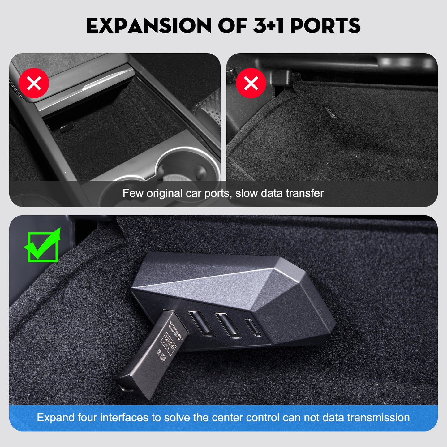 Glove Box 4 in 1 USB Hub for 2021-2025 Tesla Model Y and 2024-2025 Model 3 Highland Accessories