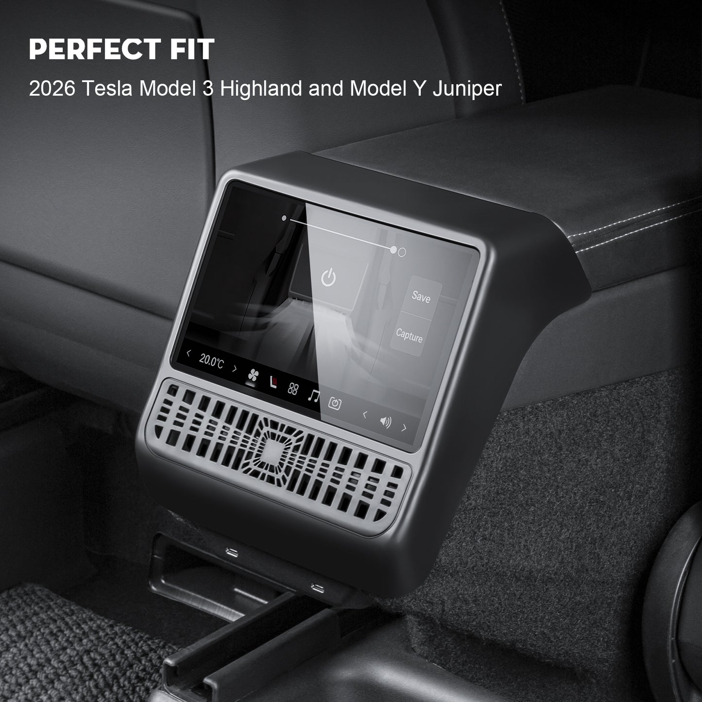 KUNIST Rear Air Vent Cover with Tempered Glass Screen Protector for Tesla Model Y Juniper 2026,[2 in 1] Center Console Backseat Air Vent Trim Compatible with 2025-2026 New Model Y and 2024-2026 Model 3 Highland Accessories