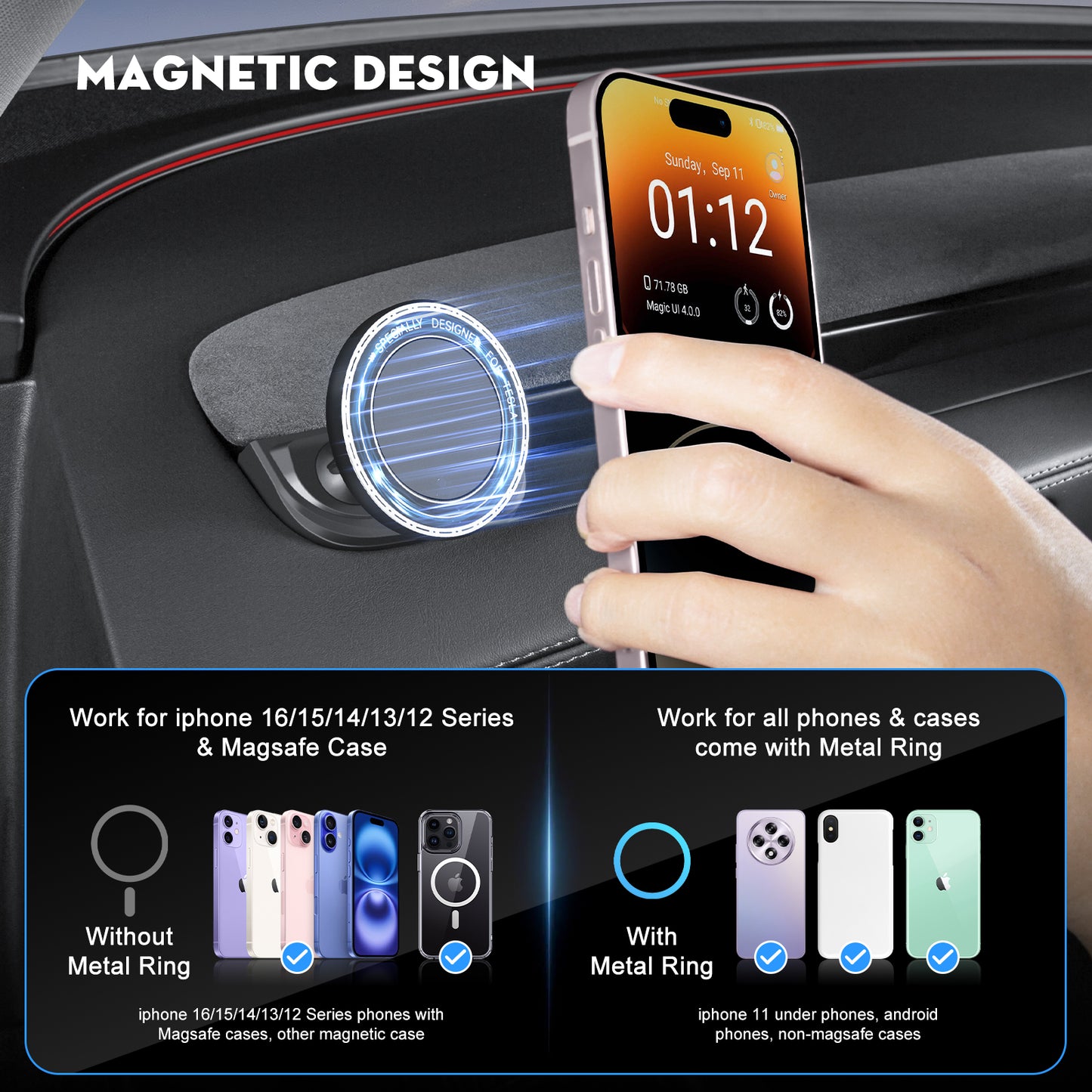Car Phone Mount for Tesla New Model Y Juniper 2026 Mag-Safe Dashboard Phone Holder for 2024-2025 Model 3 Highland Accessories for iPhone 17/16/15 and Galaxy