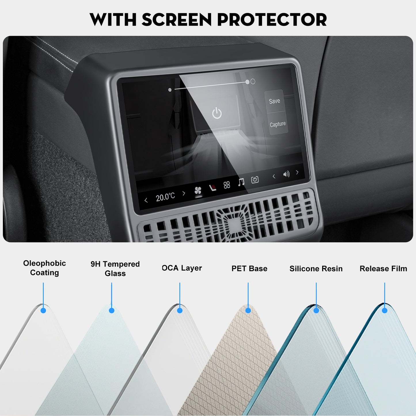 KUNIST Rear Air Vent Cover with Tempered Glass Screen Protector for Tesla Model Y Juniper 2026,[2 in 1] Center Console Backseat Air Vent Trim Compatible with 2025-2026 New Model Y and 2024-2026 Model 3 Highland Accessories