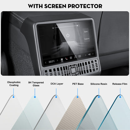KUNIST Rear Air Vent Cover with Tempered Glass Screen Protector for Tesla Model Y Juniper 2026,[2 in 1] Center Console Backseat Air Vent Trim Compatible with 2025-2026 New Model Y and 2024-2026 Model 3 Highland Accessories