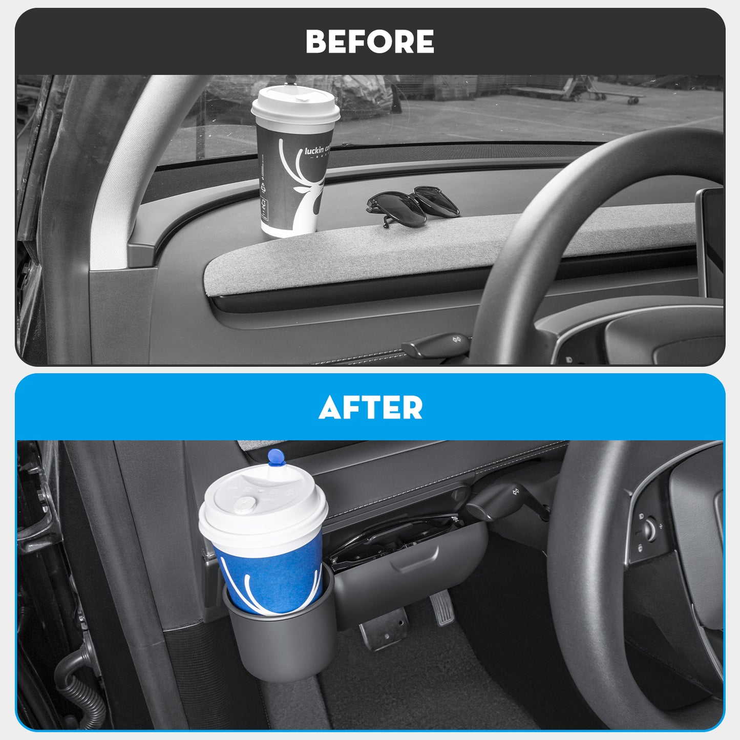 2 in 1 Sunglasses Holder Eyeglass Storage Box Dashboard Organizer with Cup Holder for 2025-2026 Tesla Model Y Juniper Interior Accessories