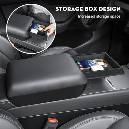 Armrest Box Cover for 2026 Tesla Model Y Juniper [Elevated] Soft PU Leather Center Console Armrest Cover Cushion for 2025-2026 New Model Y & 2024-2026 Model 3 (Standard, Premium & Performance)