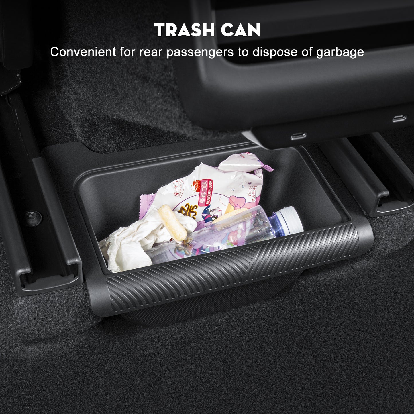 Backseat Trash Can Organizer TPE Storage Box with Anti-Slip Lid Cover Underseat Storage Tray for 2025-2026 Tesla Model Y Juniper Accessories