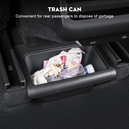 Backseat Trash Can Organizer TPE Storage Box with Anti-Slip Lid Cover Underseat Storage Tray for 2025-2026 Tesla Model Y Juniper Accessories