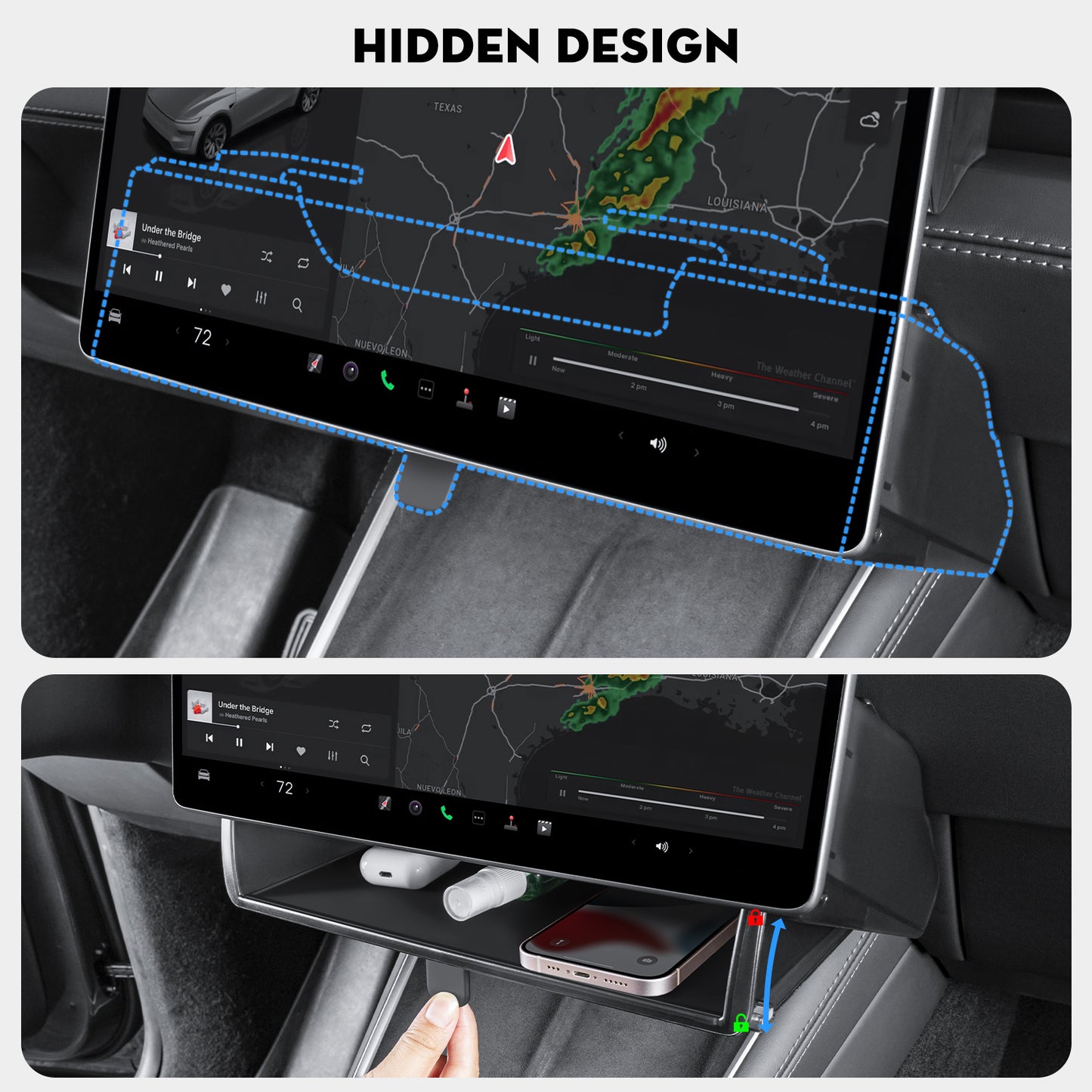 Under Screen Storage Organizer Box [Retractable & Tool-Free] with Behind Screen Tissue Holder Compatible with Tesla 2025-2026 Model Y Juniper and 2024-2025 Model 3 Highland Accessories