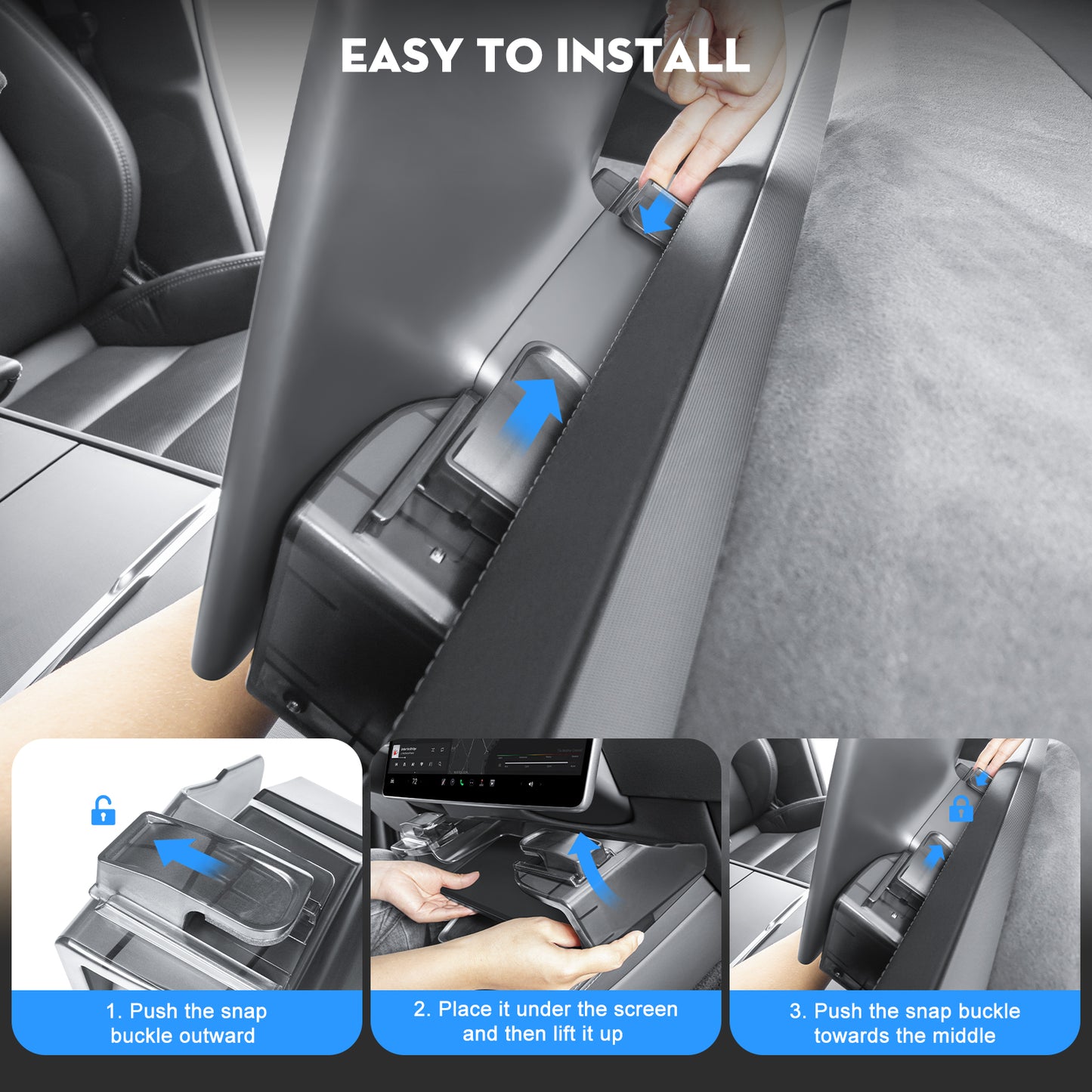 Under Screen Storage Organizer Box [Retractable & Tool-Free] with Behind Screen Tissue Holder Compatible with Tesla 2025-2026 Model Y Juniper and 2024-2025 Model 3 Highland Accessories