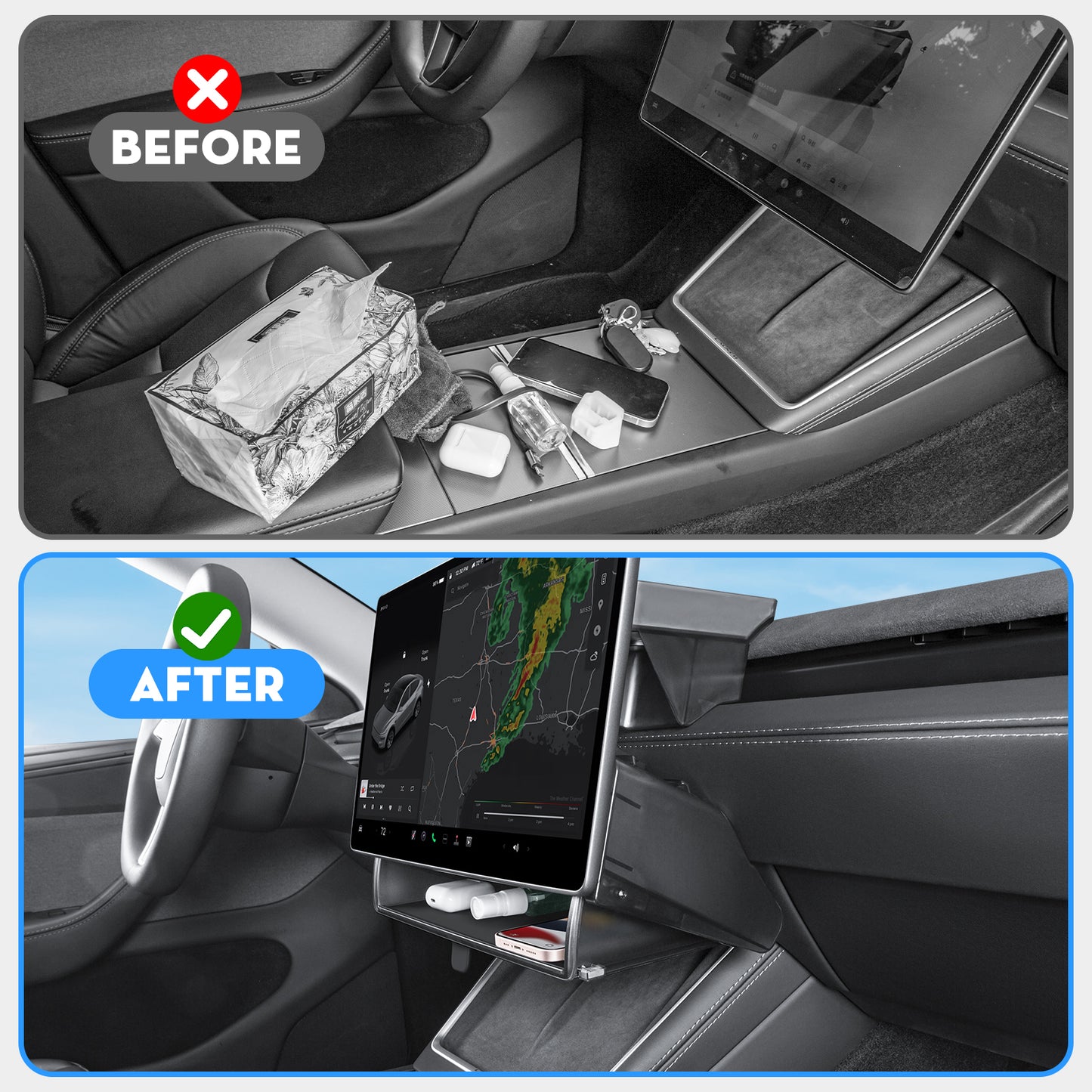 Under Screen Storage Organizer Box [Retractable & Tool-Free] with Behind Screen Tissue Holder Compatible with Tesla 2025-2026 Model Y Juniper and 2024-2025 Model 3 Highland Accessories