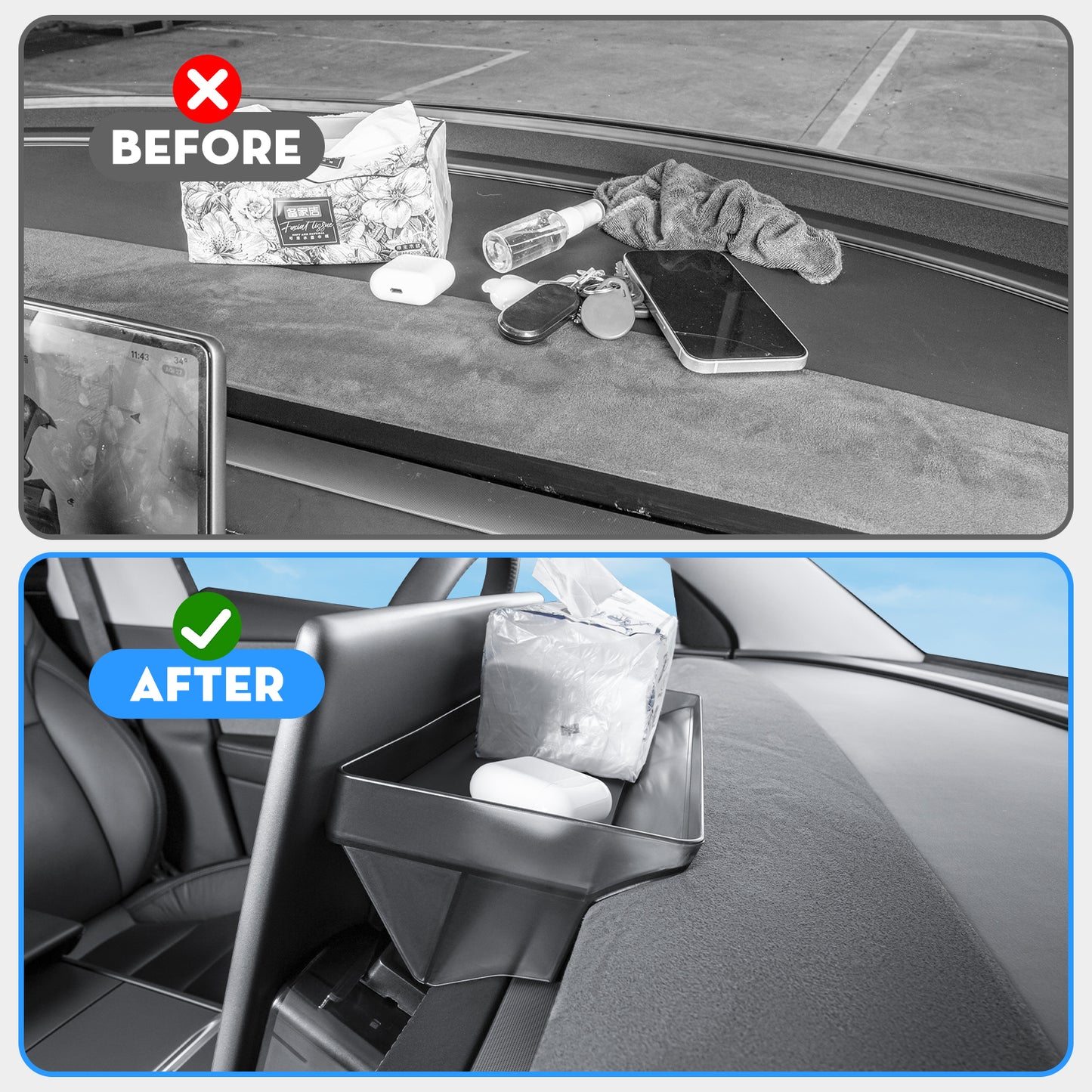 Under Screen Storage Organizer Box [Retractable & Tool-Free] with Behind Screen Tissue Holder Compatible with Tesla 2025-2026 Model Y Juniper and 2024-2025 Model 3 Highland Accessories