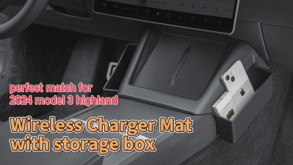 2 in 1 Center console wireless charger pad mat with side pockets for 2024-2025 Tesla Model 3 Highland and 2025-2026 New Model Y Juniper Accessories